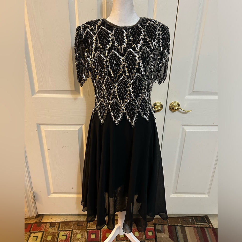 Vintage Laurence Kazar heavily embellished special occasion dress, Petite Medium